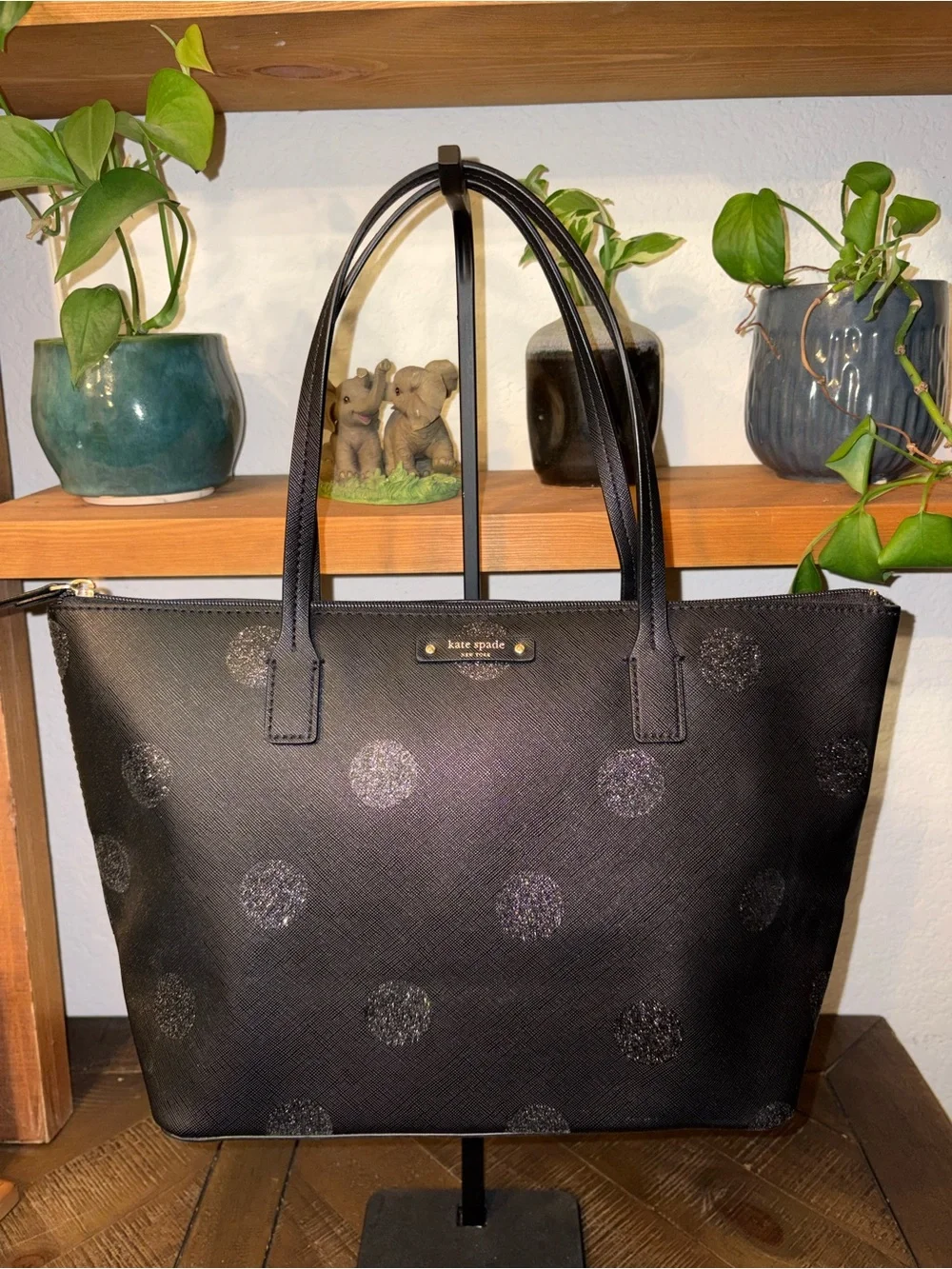 Kate Spade New York Cedar Street Harmony Black Glitter Dot Saffiano Leather Tote
